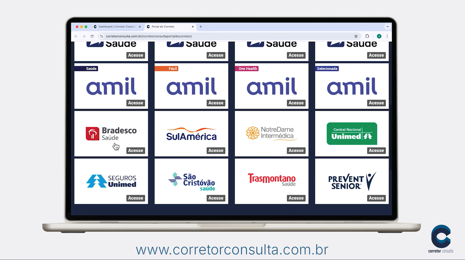 Portal do corretor com acesso às principais operadoras de saúde